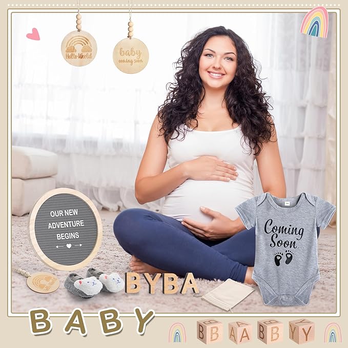 8 Pcs Pregnancy Announcement Set Pregnancy Reveal Ideas Include Felt Letter Round Board Kit Baby Bodysuit Booties Wood Blocks Wooden Signs for Coming Soon Baby Announcement(Gray)
