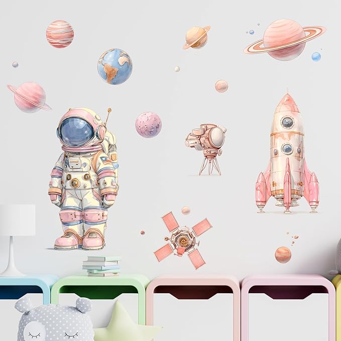 Pink Space Astronaut Wall Decals Removable Cartoon Vinyl Stickers for Nursery Girls Room and Playroom Decor Peel and Stick Galaxy Theme Wall Art