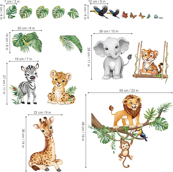 decalmile Safari Animals Wall Stickers Jungle Tree Branch Tropical Leaves Elephant Lion Wall Decals Baby Nursery Kids Bedroom Playroom Home Decor