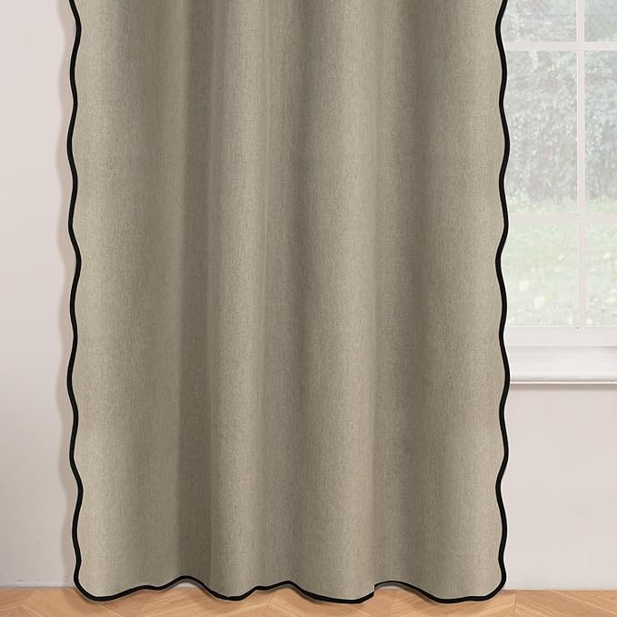 ColorBird Linen Blackout Curtains Scalloped Tan 100% Black Out Winter Thermal Insulated Curtains & Drapes 63 Inch Long for Living Room Bedroom Dining Room Closet Window Treatment