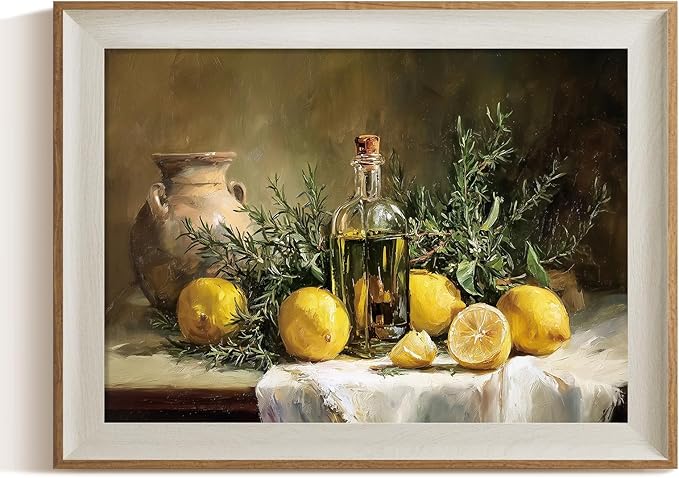 ARPEOTCY Framed Canvas Wall Art, 12x16 Vintage Lemon & Olive Oil Still Life Painting, Rustic Kitchen Wall Decor, Farmhouse Dining Room Food Artwork for Home Decoration