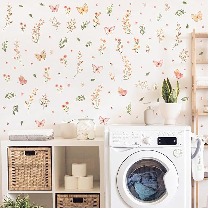Boho Flower Wall Sticker Small Floral Wall Decals Peel and Stick Wildflower Leaf Sticker Removable Watercolor Girls Room Decal Flower Butterfly Decals for Nursery Baby Room Bedroom Decor