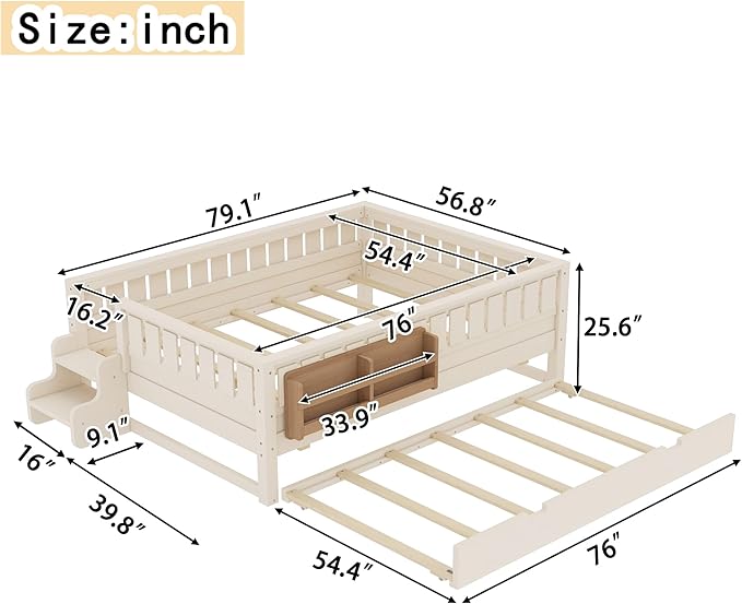 Bellemave Full Size Kids Bed with high Rails and with Built-in Bookshelf and Trundle for Kids, Girls, Boys, Wood Montessori Bed Without Door, Beige