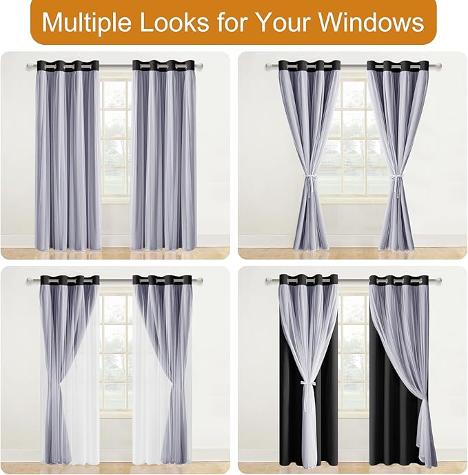 DWCN Black Layered Curtains for Living Room Blackout and Sheer Curtains Grommet Top Window Treatment with Sheer Overlay for Bedroom, 52 W by 63 L, 2 Pieces