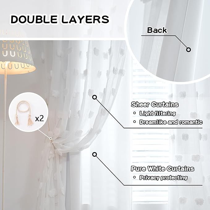 MYSKY HOME Curtains for Living Room and Bedroom - White Pom Pom Sheer Window Panels, 95 Inch Length, Room Darkening, Double Layer, Grommet, Extra Long