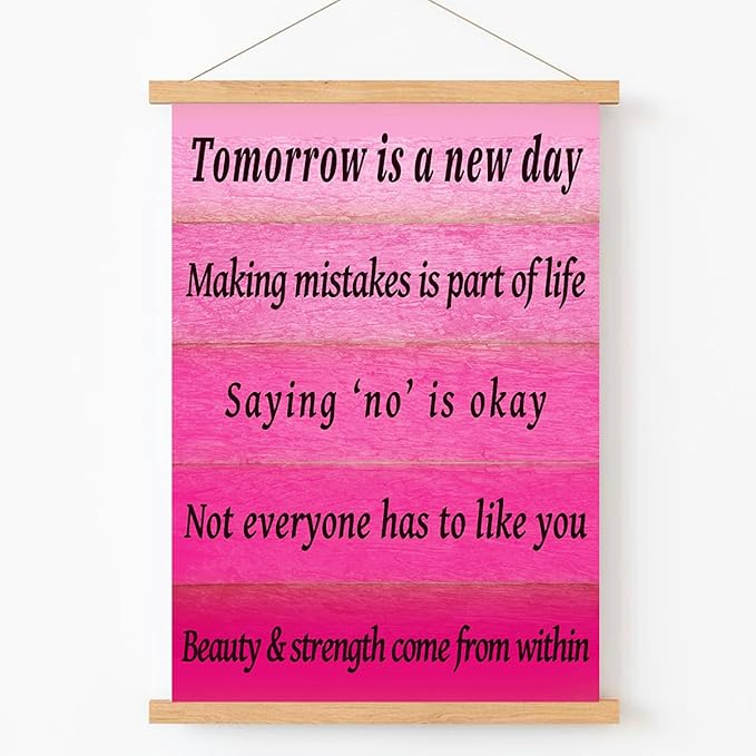 Qswo Inspirational Quotes Wall Decor for Women,Tomorrow Is a New Day Pink Wall Art Poster Hanger Frame,Motivational Hanging Canvas Wall Decor for Girl Room Home Office