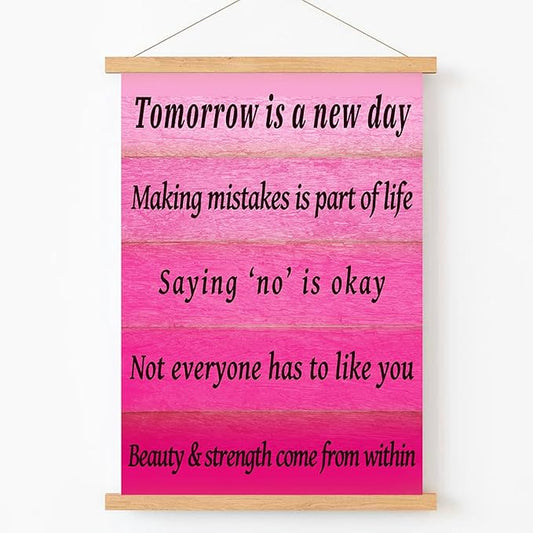 Qswo Inspirational Quotes Wall Decor for Women,Tomorrow Is a New Day Pink Wall Art Poster Hanger Frame,Motivational Hanging Canvas Wall Decor for Girl Room Home Office