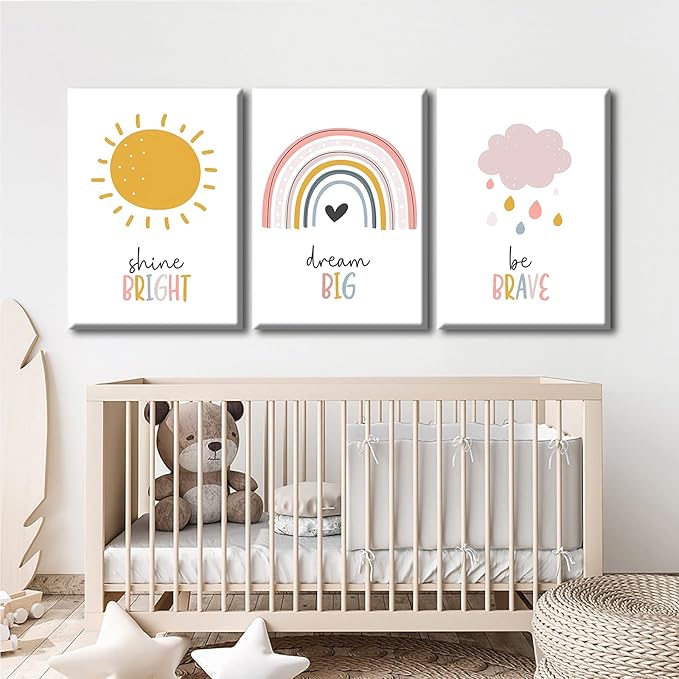 LUHDFYS Boho Rainbow Nursery Wall Art,Dream Big Canvas Print,Rainbow Sun Cloud Inspirational Poster,Wrapped Canvas Kids Room Decor