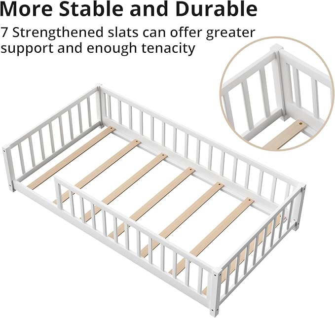 LLS Twin Floor Bed for Kids Solid Wood Montessori Bed Frame with Safety Guardrails Multifunctional Montessori Floor Bed for Toddlers, Without Door, Easy Assemble, White