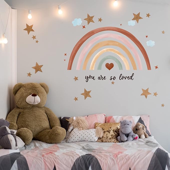 Containlol Rainbow Wall Decals, Playroom Wall Decor for Girl Room, Watercolor Peel and Stick Wallpaper, Boho Wallpaper 30 x 14 Inch Heart Art Stickers for Toddler Bedroom Nursery(Orange,Boho)