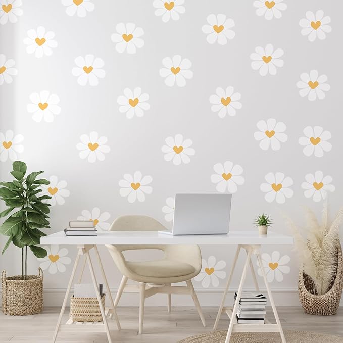6 Sheet Daisy Wall Stickers White Heart Daisy Decals Peel and Stick Flower Wall Stickers White Flower Decals Floral Wallpaper for Bedroom Nursery Playroom Home Decor