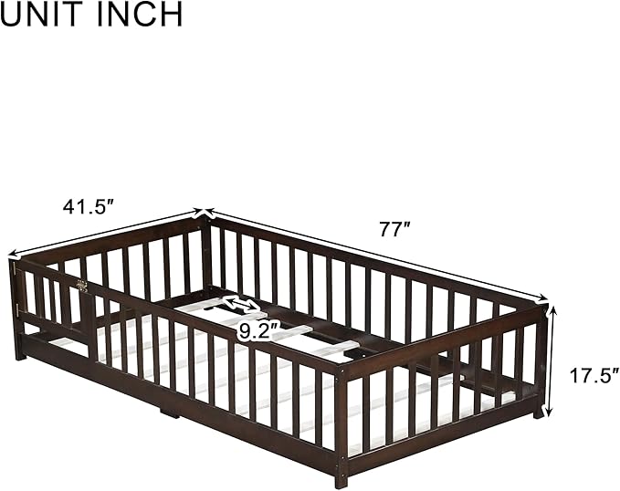 Bellemave Twin Size Floor Bed for Kids, Girls, Boys, Rubber Wood Floor Bed with slats and Door, Espresso