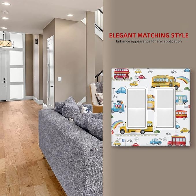 Kids Bus Taxi Truck Double Rocker Light Switch Cover 2 Gang Outlet Wall Plate Decorative GFCI Switchplate Electrical Faceplate for Nursery Kidsroom Bedroom Decor