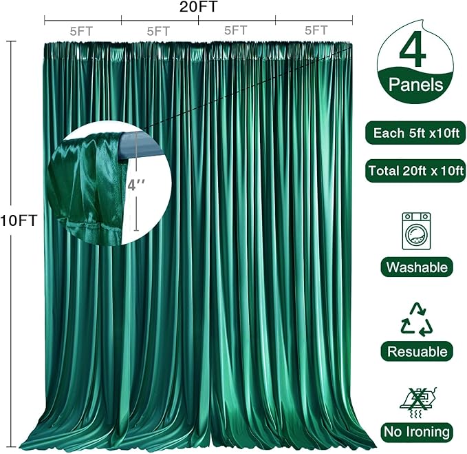 20x10ft Polyester Backdrop Emerald Green Wedding Curtains Drapes Curtains Panels with Rod Pockets Arch Party Stage Ceremony Photography Background Decoration W5' x H10'4 Panels YUNBSDJ174