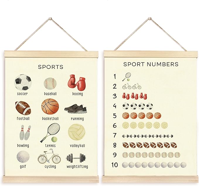 CGBHW Educational Sports Poster Hanger Frame, Learning Sport Balls Number Posters Wall Art Hanging Decor for Homeschool Toddler Boy Kids Room Playroom Nursery，12x16Inch Set of 2