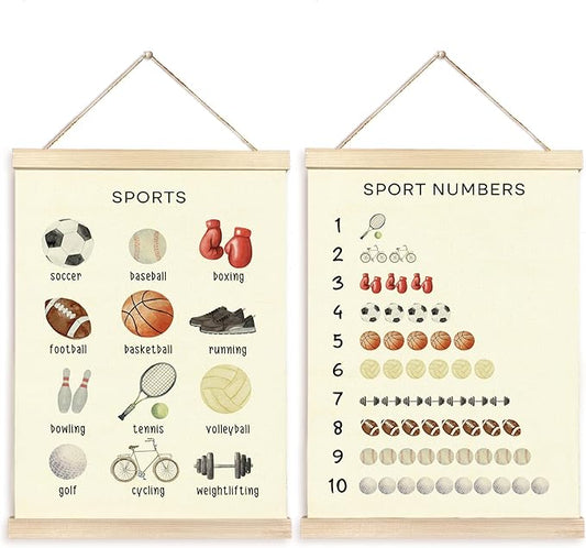 CGBHW Educational Sports Poster Hanger Frame, Learning Sport Balls Number Posters Wall Art Hanging Decor for Homeschool Toddler Boy Kids Room Playroom Nursery，12x16Inch Set of 2