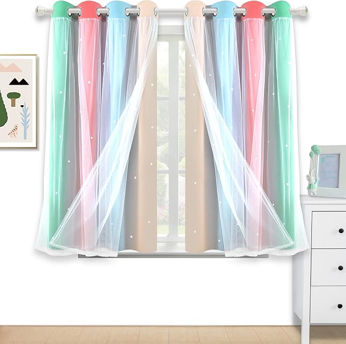 Kinryb Nursery/Kids/Girls Room Star Cut Out Blackout Rainbow Curtain with Sheer Overlay 2 Panels, Each 52 inch Wide,45 inch Length with White Gauze,Ombre Stripe Rainbow Curtains (2 Panels,52x45 Inch)