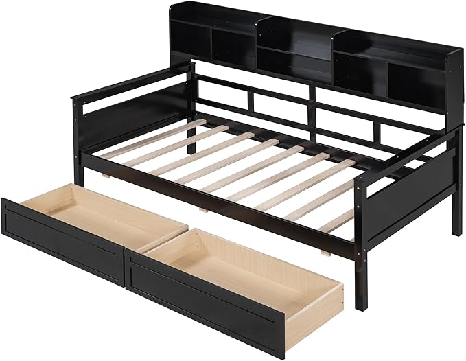 Harper & Bright Designs Twin Daybed with Storage, Wood Twin Size Bed Frame with Bookcase Headboard and 2 Drawers, Twin Sofa Bed with Shelves for Living Room Bedroom, No Box Spring Need, Espresso