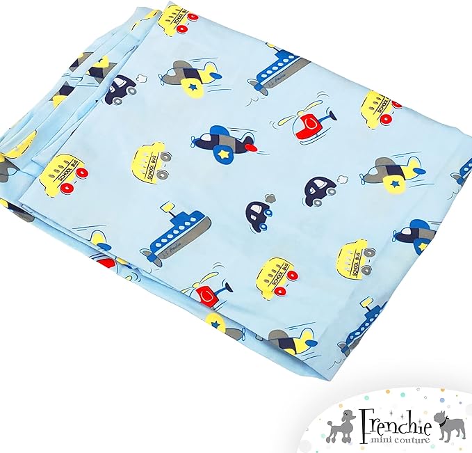 Frenchie Mini Couture, Fitted Crib Sheet Single, 100% Woven Cotton, Toddler Fitted Sheet, Fits Standard Size Baby Mattress 28 x 52 x 8in, Cars, Boats, & Planes (Light Blue)