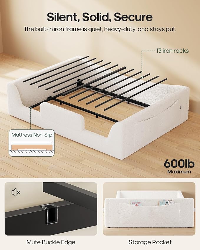Full Floor Bed, Low Montessori 2-in-1 Convertible Beds, with Slats and High Rails, Upholstered Teddy Boucle, Curve Round Frame for Girls and Boys, No Box Spring Needed, Easy Assemble, Beige