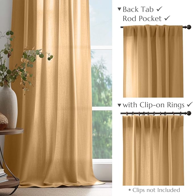 jinchan Linen Blend Curtains 63 inch Length 2 Panels for Bedroom Living Room, Semi Sheer 50 inch Wide Farmhouse Cottage Core Style Drapes with Rod Pocket Back Tab(50W x 63L, Mustard Yellow)