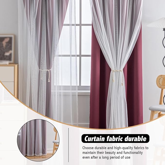 Anytime Home Curtains Blackout and Sheer Layered Solid Window Curtain Panel Pair with Grommet Top, 52Wx63L,Wine Red
