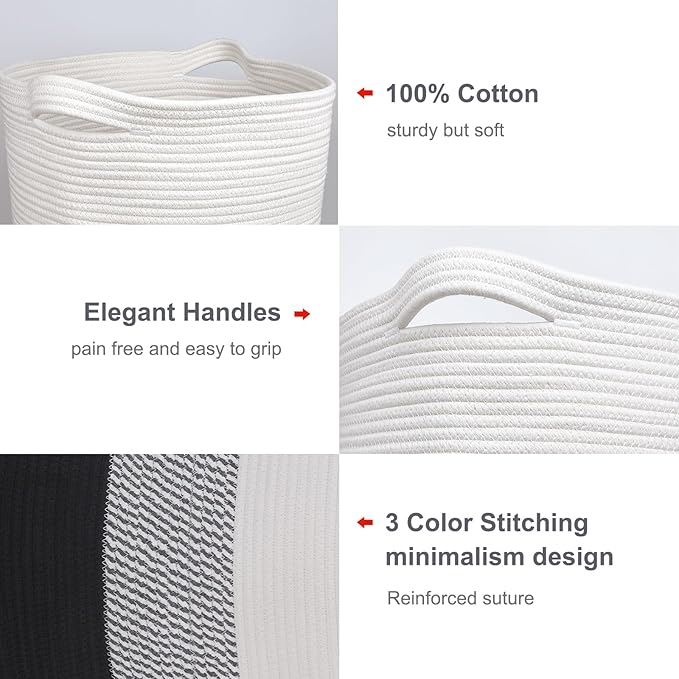 BOSROTY Large Laundry Hamper for Girls Boys Kids 72L, Nursery Hamper, Tall Laundry Basket, Cotton Rope Woven Blanket Basket for Storage Toys Clothes Towels, 16”x 22”, White & Gray & Black