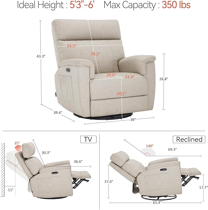 MCombo Oversized Swivel Glider Rocker Recliner with Adjustable Headrest, Dual Motor Power Recliner for Nursery, Led Nightlight, Fabric PR601 (Beige)