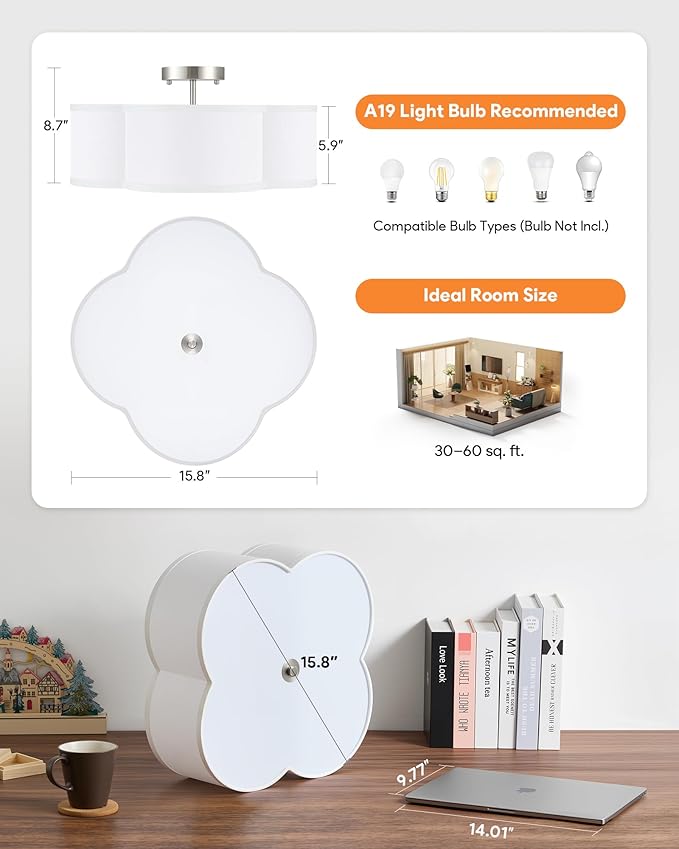 VONLUCE Semi-Flush Mount Ceiling Light, 15.8" Modern 4-Light Ceiling Light Fixture with White Clover-Shaped Shade 4 E26 Sockets for Bedroom Entryway Living Room, Nickel Finish, ETL Certificated