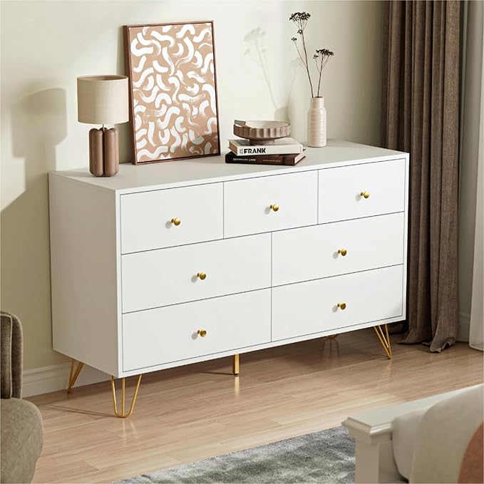 White Dresser for Bedroom, Modern 7 Drawer Dresser with Gold Handles and Metal Legs, White and Gold Dressers & Chest of Drawers for Hallway, Entryway
