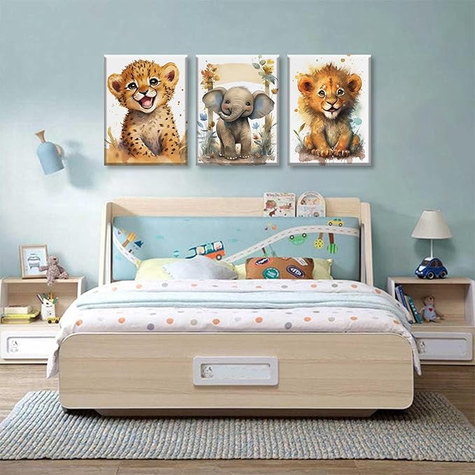 HKMXCD 3Pcs Baby Safari Animal Canvas Wall Art Jungle Watercolor Animal Wall Decor Picture Lovely Painting Artwork Kids Room Prints for Boy Girl Room Home decoration 12x16in