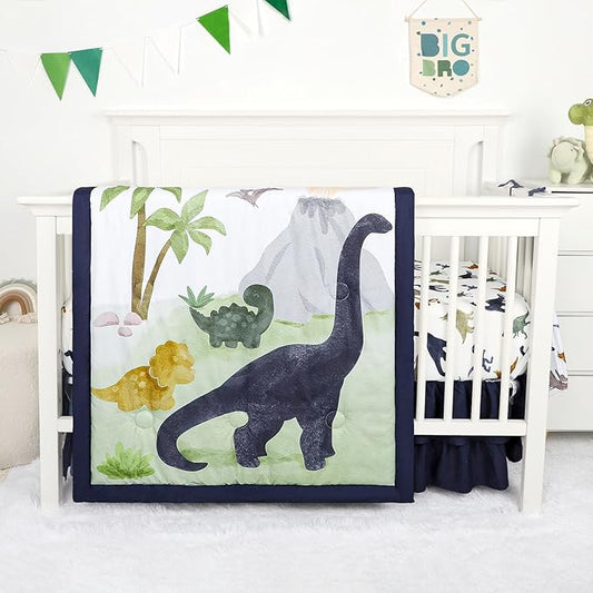 4-Piece Crib Bedding Set， Baby Nursery Bedding Sets for Boys Includes Comforter, Fitted Crib Sheet, Crib Skirt, and Diaper Stacker, Soft Standard Size Crib Comforter Set Blue ，Dinosaur