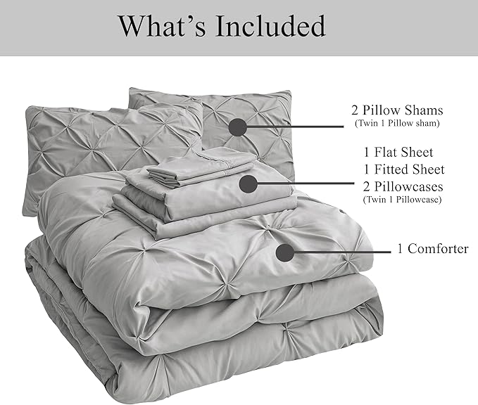LANE LINEN Twin Comforter Set with Sheets and Pillowcases - 5 Piece Set, Pintuck Design, Ultra Soft, Fluffy Comforter, Silver
