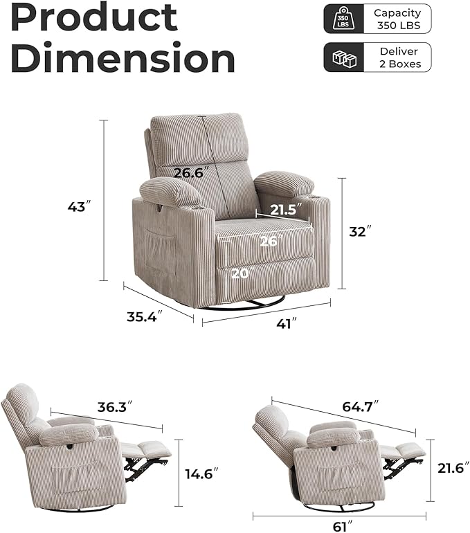 Rocking Chair Nursery with Adjustable Armrests, Electric Glider Recliner Nursing Chair for Breastfeeding, Power Swivel Recliner Chairs with Massage and Heat, Adjustable Headrest, Corduroy Grey