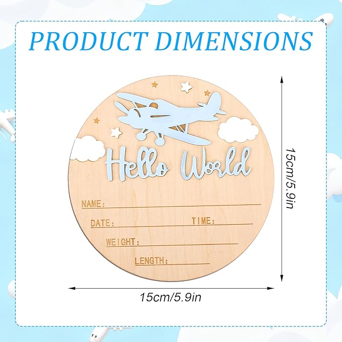 Hello World Newborn Sign with Pen, 5.9in Round Newborn Welcome Birth Name Sign Airplane and Cloud Decoration Baby Boy Girl Announcement Board for Hospital Nursery Home Decor Photo Props