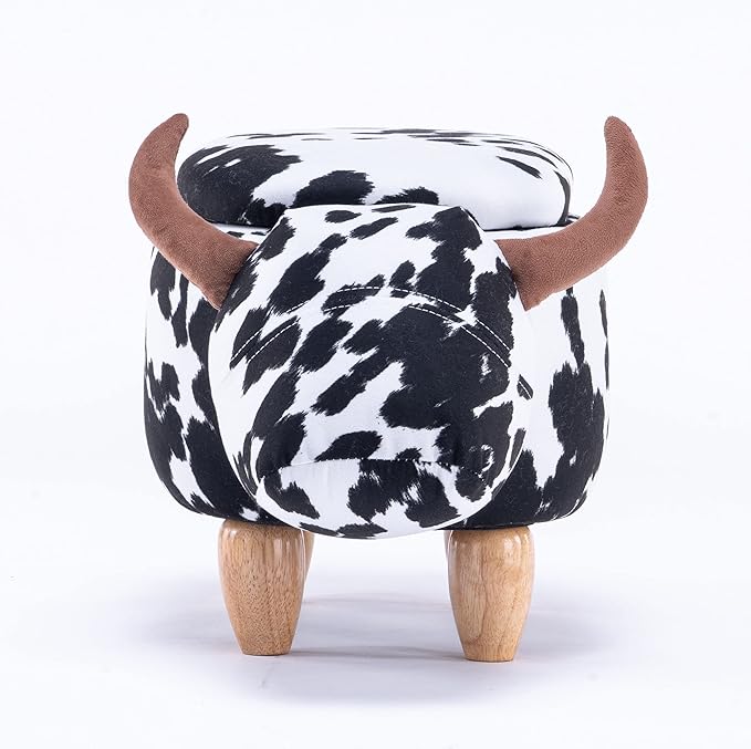 Home 2 Office Cow Ottoman for Kids' Bedroom, Playroom, Nursery, and Living Room, Animal Ottoman with Storage, Footstool for Kids, Black/White
