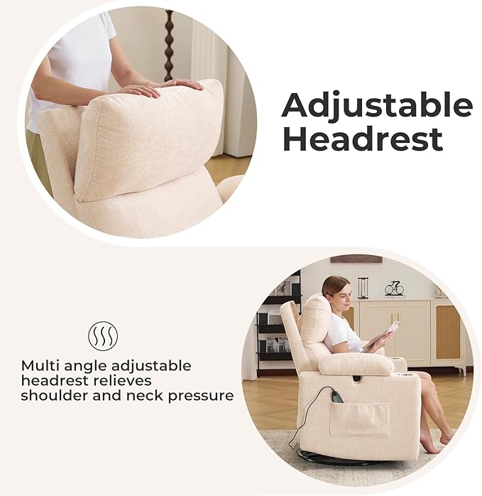 Rocking Chair Nursery with Adjustable Armrests, Electric Glider Recliner Nursing Chair for Breastfeeding, Power Swivel Recliner Chairs with Massage and Heat, Adjustable Headrest , FSC Certified, Beige