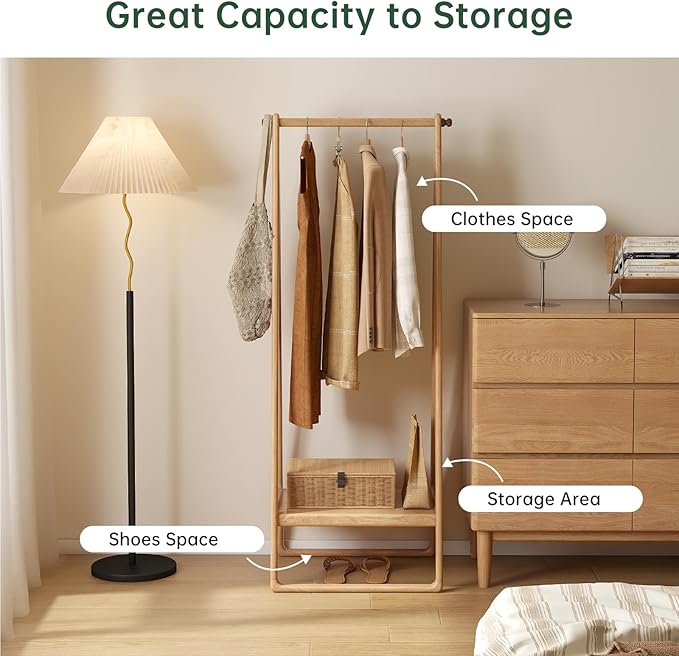 Solid Oak Wood Clothes Rack, Garment Rack with Shelves, Wooden Clothing Rack for Bedroom, Living Room, Entryway, 19" x 24" x 59", Natural