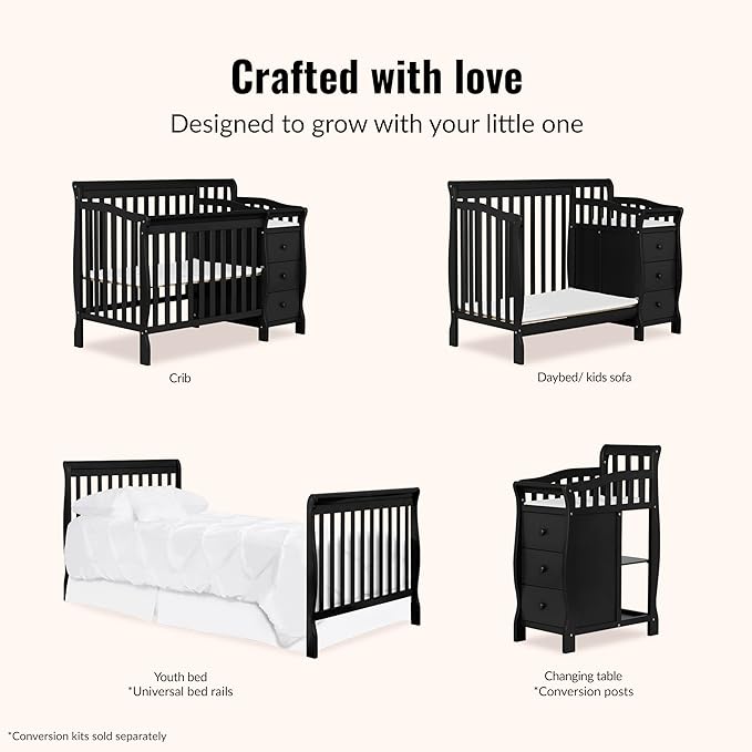 Dream On Me Jayden 4‑in‑1 Mini Convertible Baby Crib & Changer with Storage in Black, Pinewood, GreenGuard Gold & JPMA, 1” Mattress Pad, 3 Mattress Heights, Converts to Mini Day & Twin-Size Bed
