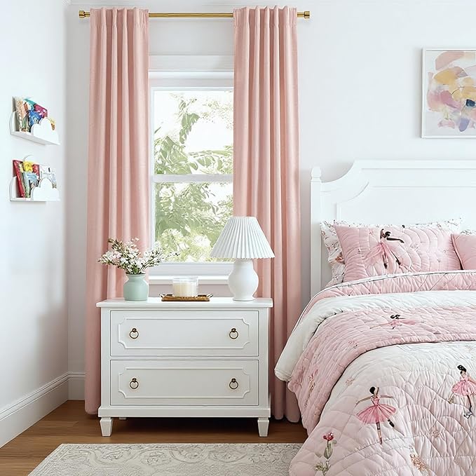 INOVADAY 100% Blackout Curtains for Bedroom, Black Out Curtains 84 Inch Long, Clip Rings Linen Blackout Drapes, Thermal Insulated Room Darkening for Living Room, 2 Panels - Blush Pink,W50xL84