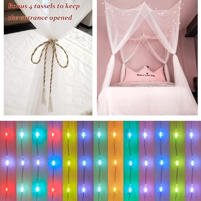White Bed Canopy with Star Lights Girls Bedroom, 8 Corners Post Hanging Princess Canopy Bed Curtains 100 LED 24 Colors Changing String Lights Remote Timer for Kids Tent Twin Full Queen King Bed