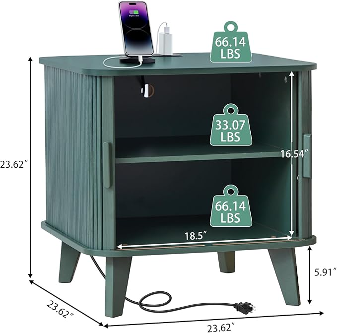 AVZEAR 24" Large Fluted End Table with Charging Station, Farmhouse Sofa Side Table with Sliding Tambour Door & Storage, Curved Rustic Wood Nightstand for Living Room, Bedroom, Green