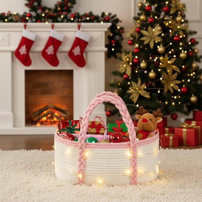 Baby Diaper Caddy, Portable Diaper Organizer for Changing Table, Car Travel Girls Shower Gifts Newborn Essentials, Cotton Rope Nursery Storage Basket for Girls (White＆Pink)