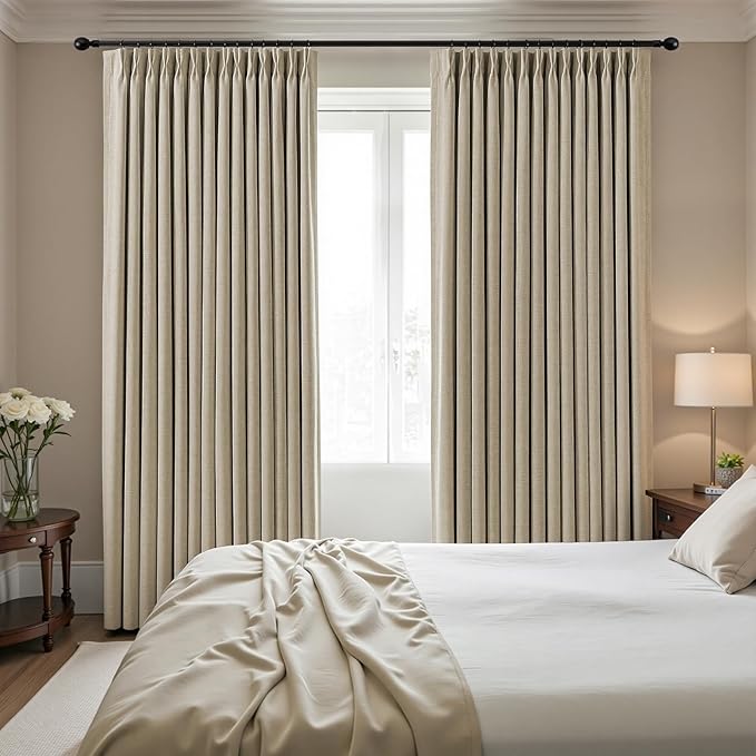 IVAPUPU Sand Pinch Pleated Full Blackout Linen Curtains for Bedroom, Black Out Curtains 90 Inches Long for Living Room Darkening Thermal Insulated Neutral Pleat Drapes with 16 Hooks, 2 Panels