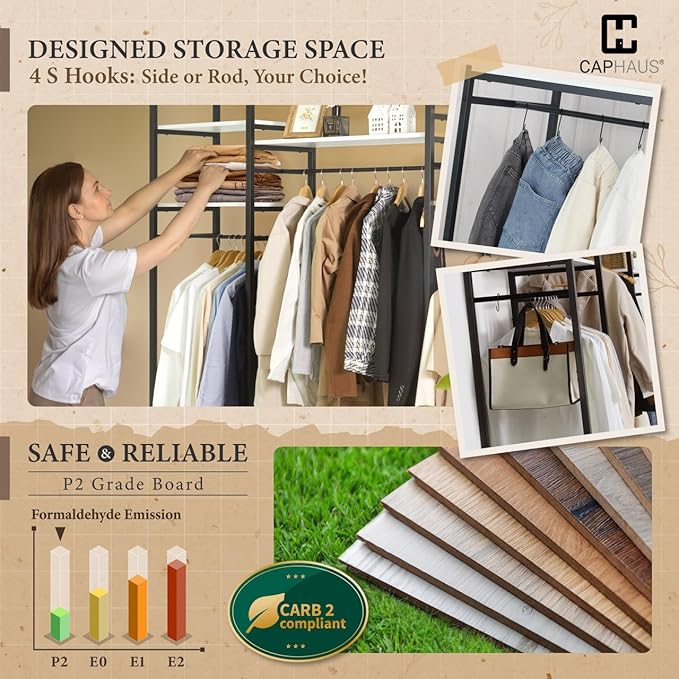 CAPHAUS 913lbs Capacity Heavy Duty Clothing Rack, 75" W Metal Garment Rack with Drawers Hanging Rods and Wood Shelves, Freestanding Closet Organizer, White Board