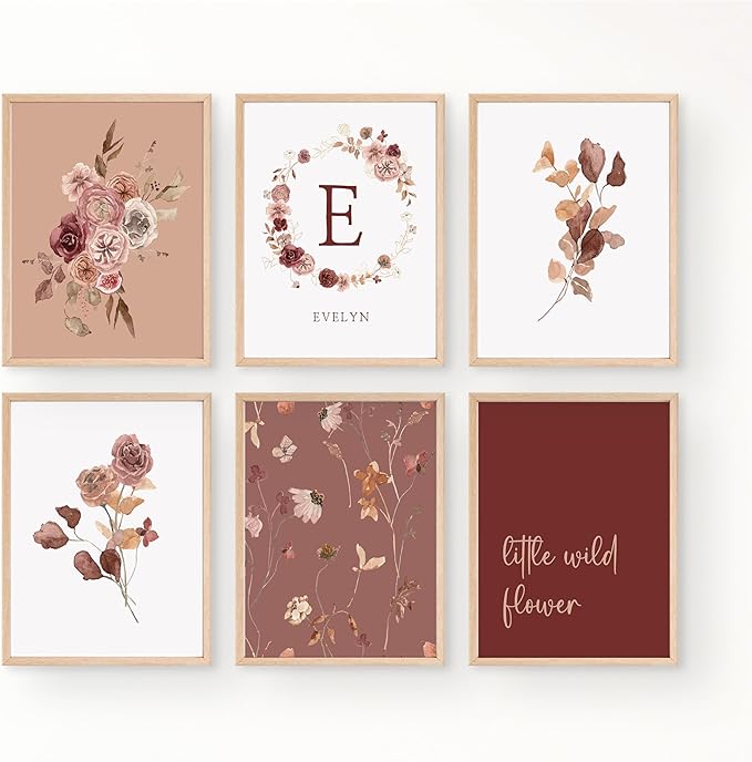 Personalized Name Flower Nursery Wall Art Prints, Crib & Nursery décor, Newborn Baby Girl Gift Present, Floral Baby Girl Room Pictures, Poster For Baby And Kids (6 Prints, Flower 1)