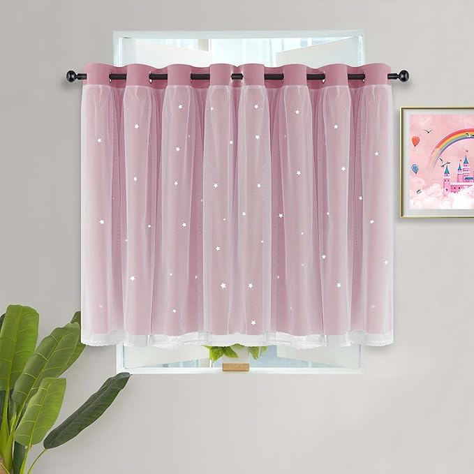 Kinryb Princess Curtains for Girls Bedroom with Sheer Overlay,Double Layer Curtain for Living Room with Star Cutout, Curtains for Kids Room (52 W*36 L Inches,2 Pcs Pink)