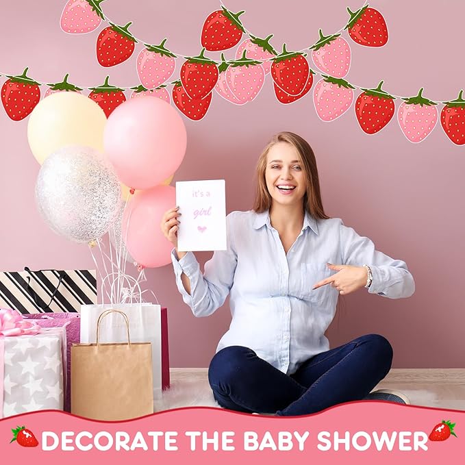 Lewtemi 4 Pcs Berry First Birthday Decor Strawberry Baby Shower Decorations Hanging Banner Berry Garland for Strawberry Themed Party Favors Supplies(Red, Pink)
