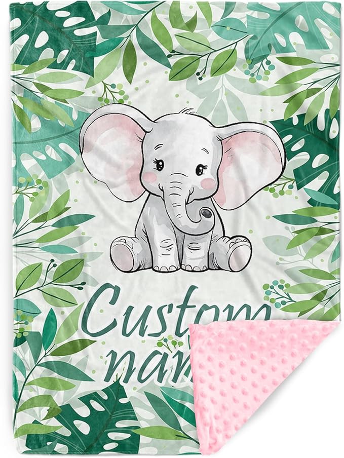 Personalized Baby Blankets for Girls, Custom Name Green Elephant Baby Blanket, Soft Receiving Blanket for Newborns and Toddlers, Ideal for Baby Showers and Nursery Decor