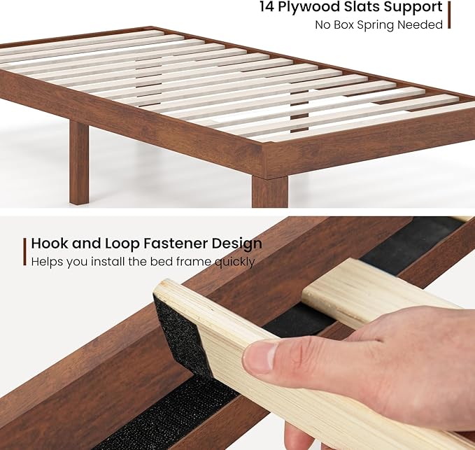 KOMFOTT 14 Inches Wood Platform Bed Frame Twin Size, Wooden Mattress Foundation with Rubber Wood Frame, Strong Wooden Slat Support, No Box Spring Needed, Bed Frame (Brown Cherry)